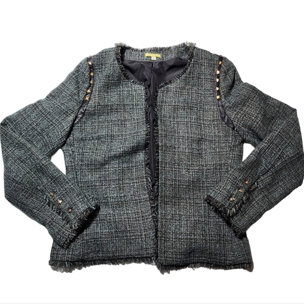 Gianni Bini Black and Teal Green Tweed Blazer Size Medium